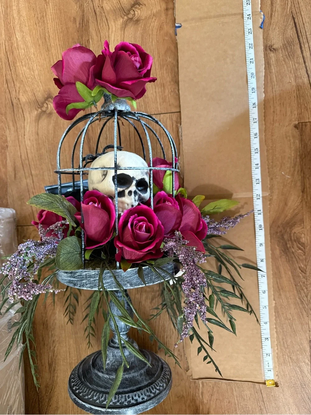 Martha Stewart 19’ Skull In Bird Cage with Dark Red Roses New With Tags